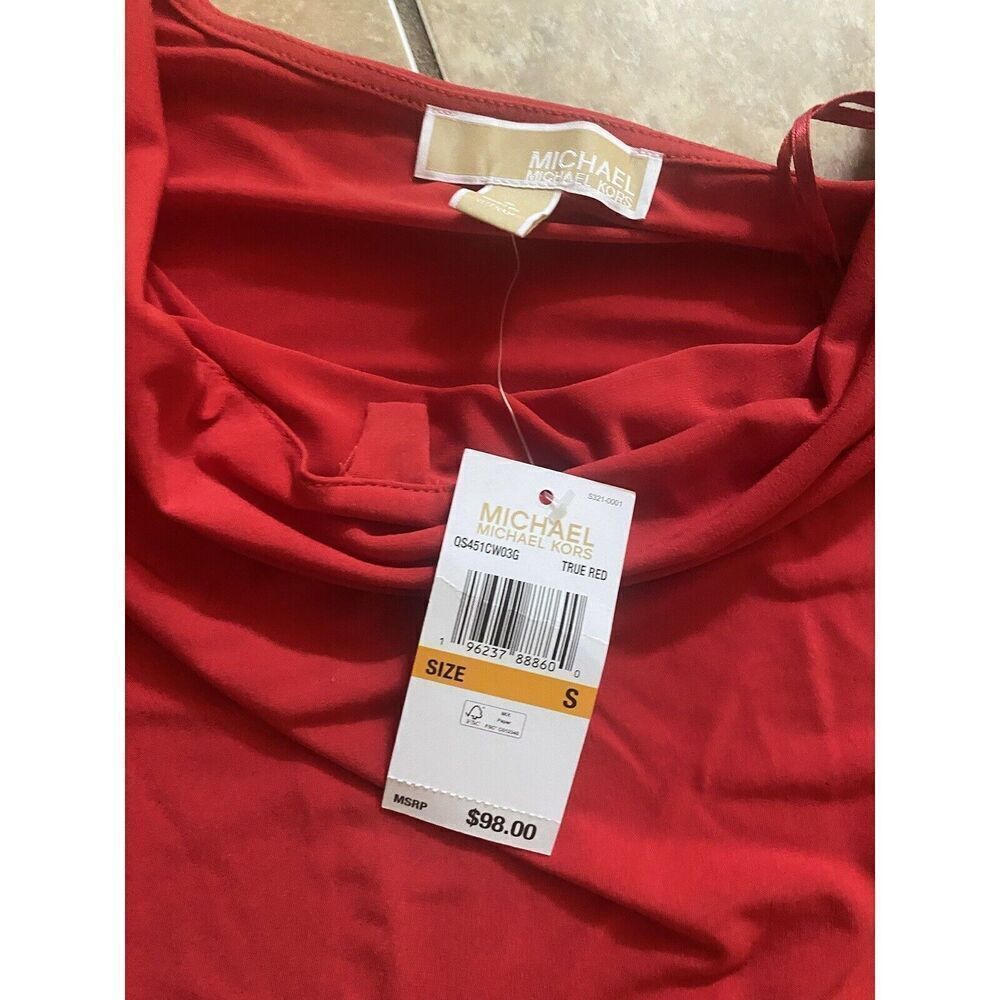 NWT Michael Kors S Jersey Red Boat Neck Blouse Metal Accent - Picture 2 of 5